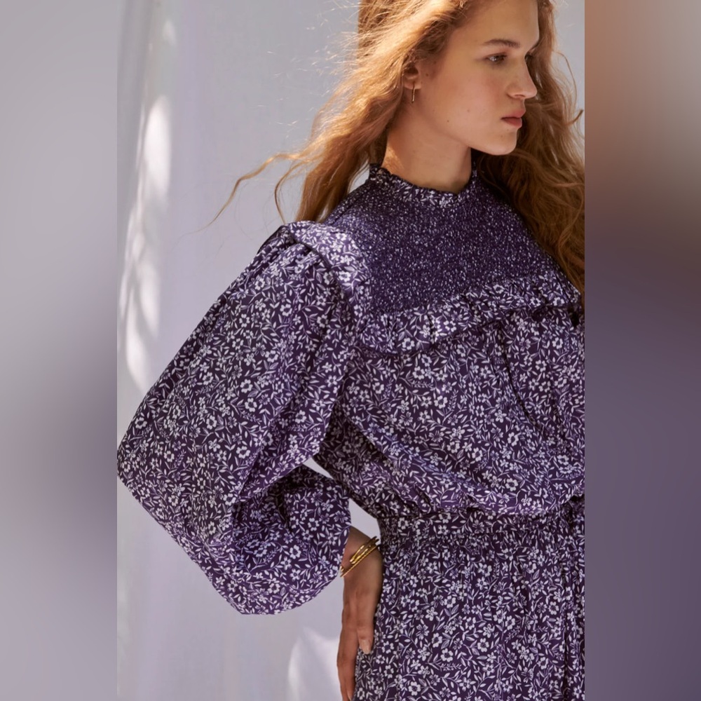 Smocked Floral Maxi Dress in Purple